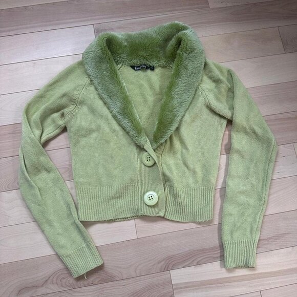Vintage Y2K Razzle Dazzle Green Faux Fur Collar Cardigan – Made in Korea S - Picture 3 of 8